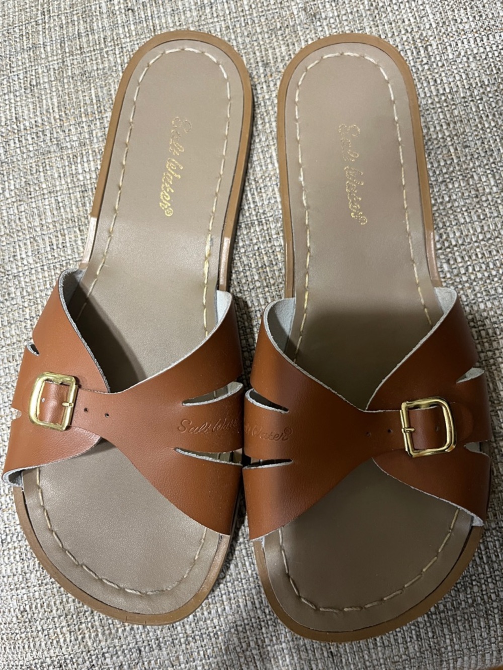 Salt Water Sandals by Hoy Women's tan  Leather Slide Sandals with Gold Buckle